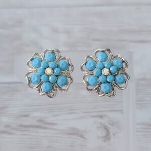 Vintage Clip On Earrings Large Turquoise Tone & Silver Tone Flower Whimsical